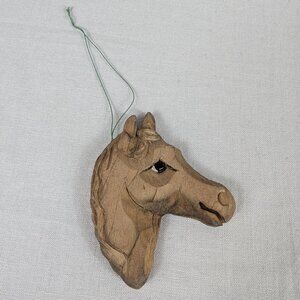 Vintage Horse Head Hand Carved Wood Christmas Ornament Holiday Equestrian Farm